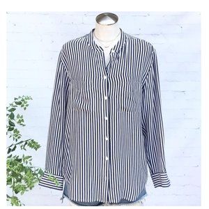 Equipment Collarless Blue and White Stripe Shirt